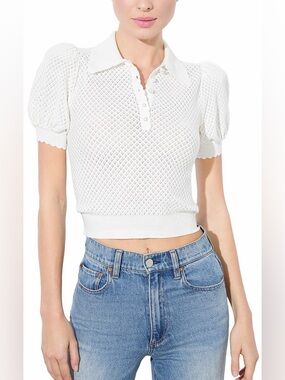 Alice + Olivia Ramona Pointelle Polo Top in Soft White.